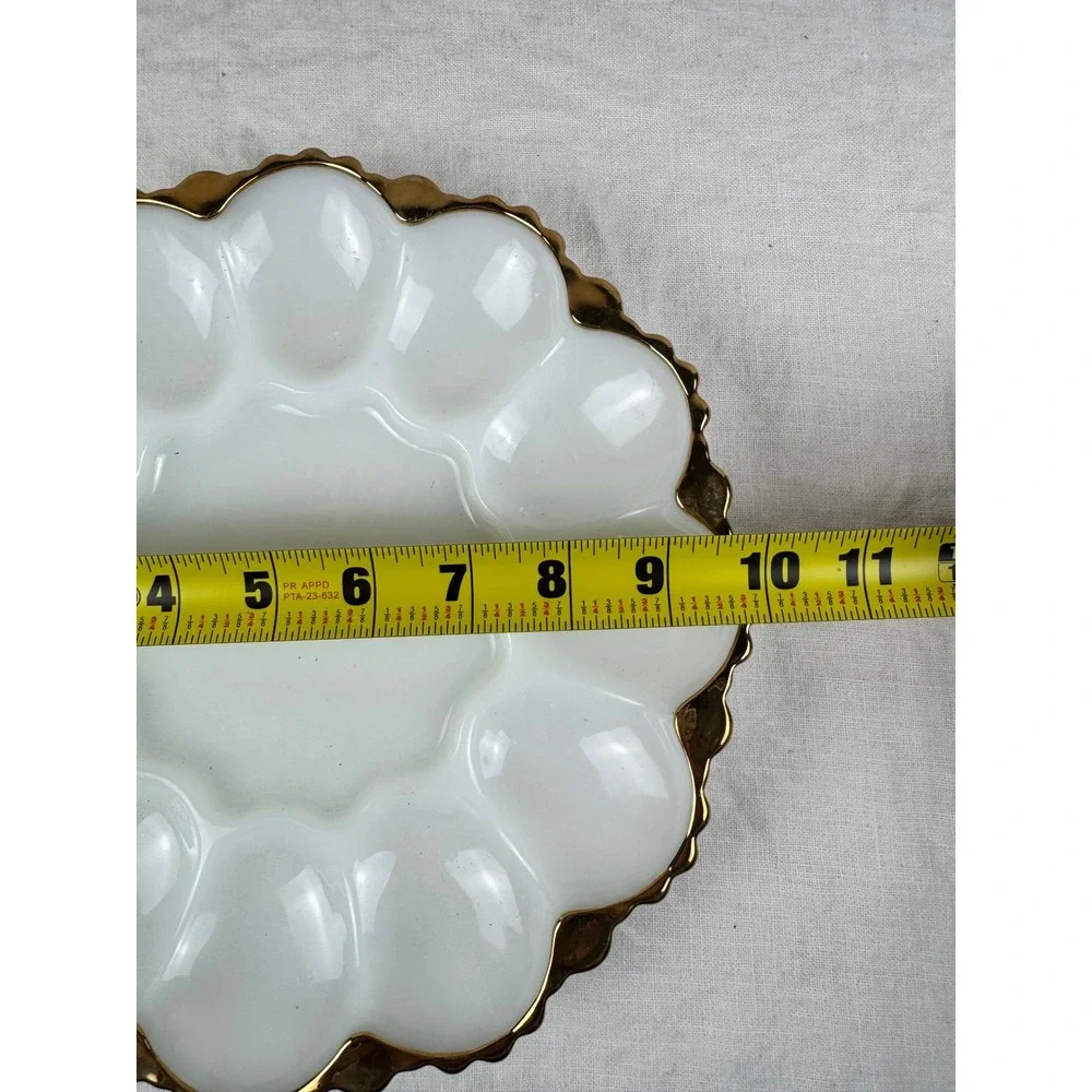Vintage Milk Glass Deviled Egg Platter Gold Encrusted Scalloped Rim 10 Inch Tray